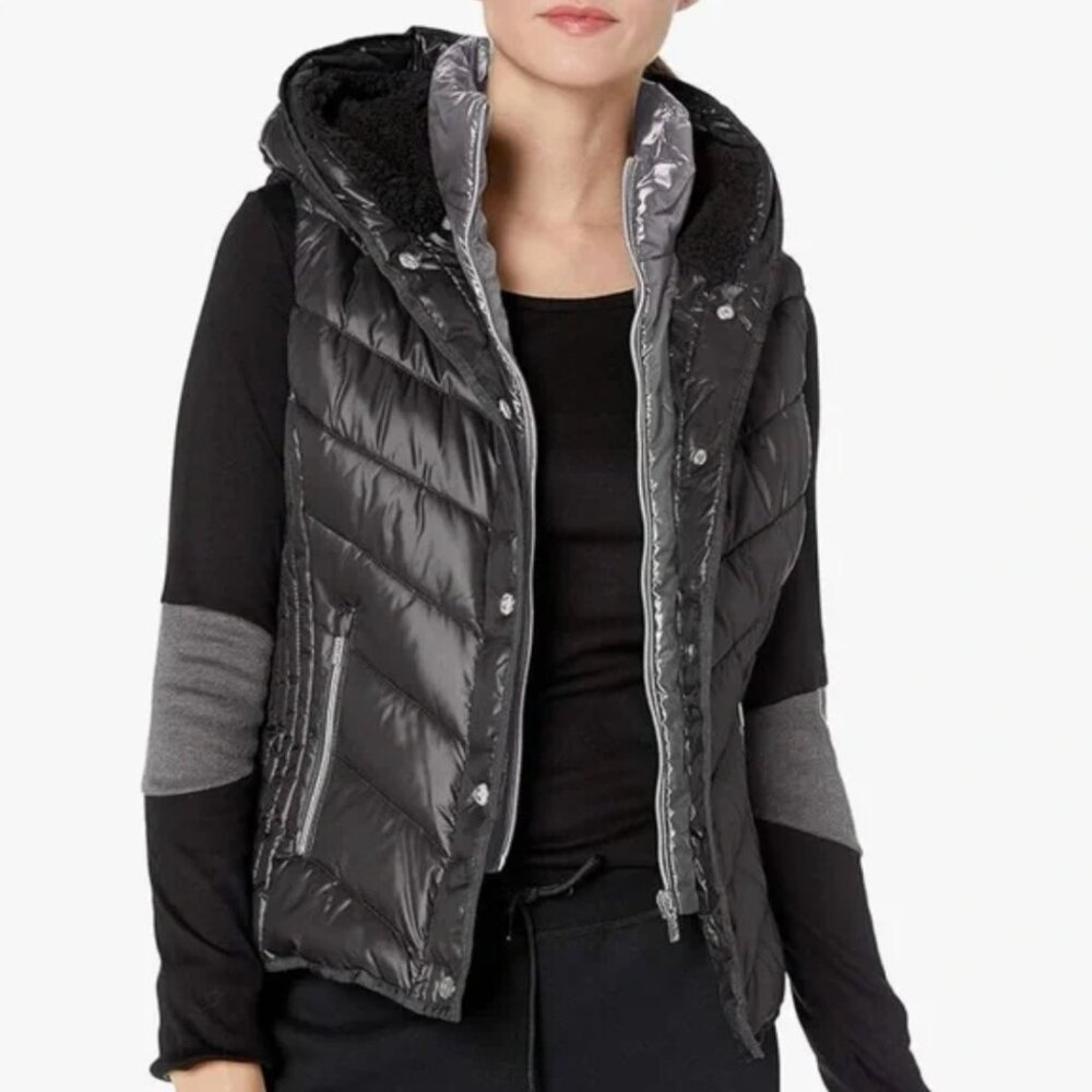 MARC NEW YORK Performance Puffer Vest with Sherpa-Lined Hood, Black, S-M